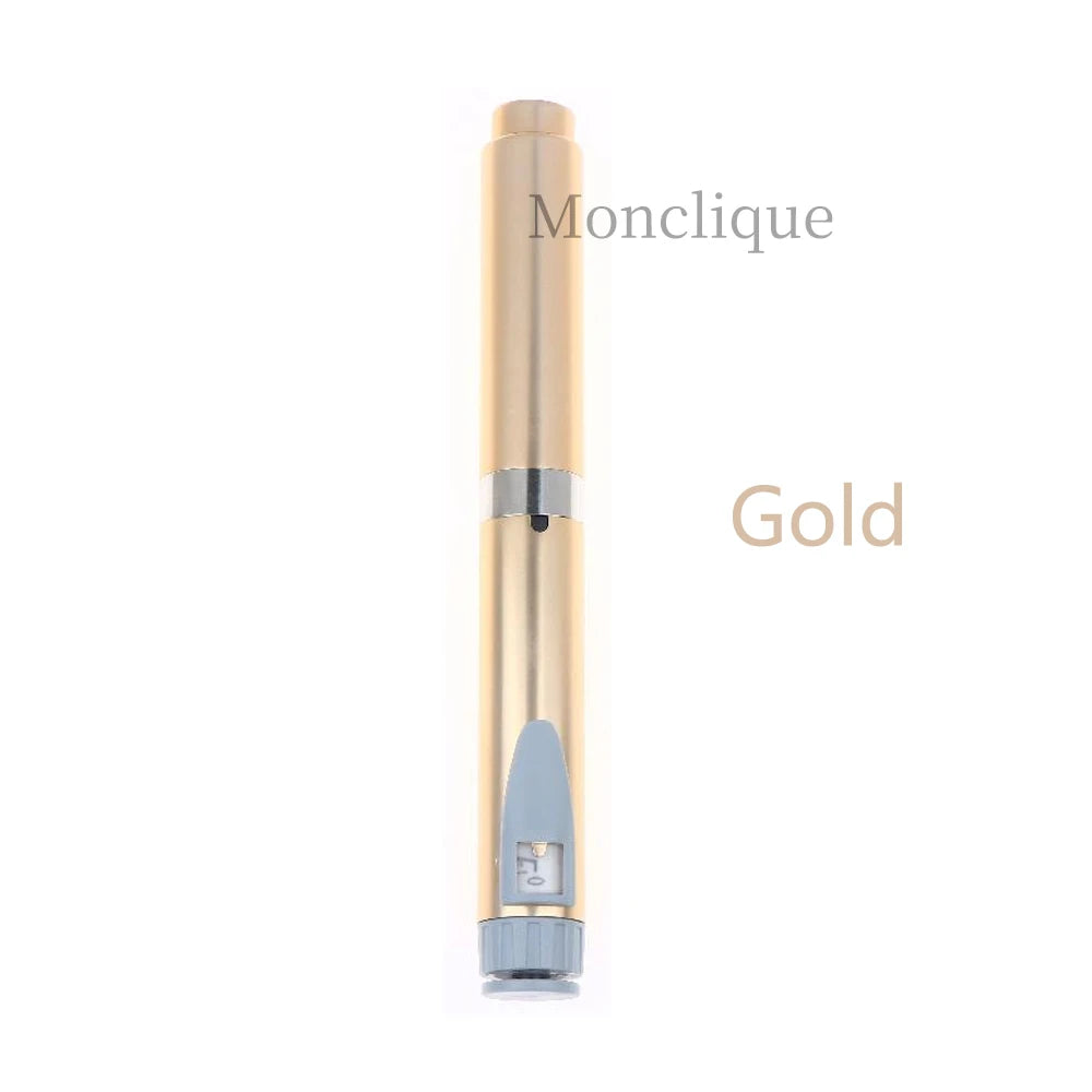 A gold Monclique reusable metal injection pen with a silver tip.