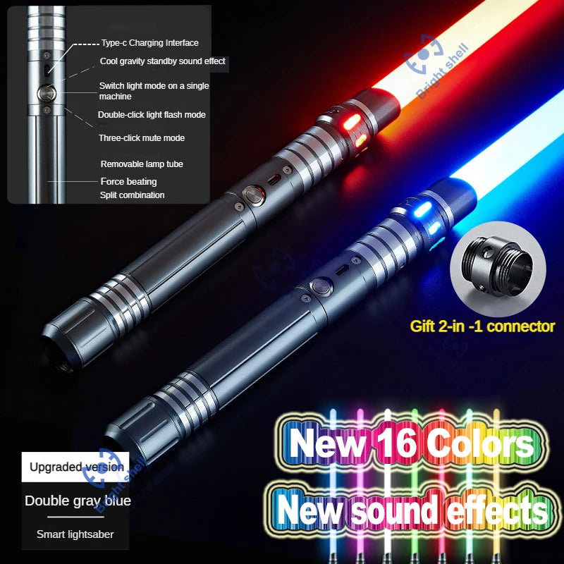 An RGB metal lightsaber with multiple color modes and sound effects, shown in various configurations.