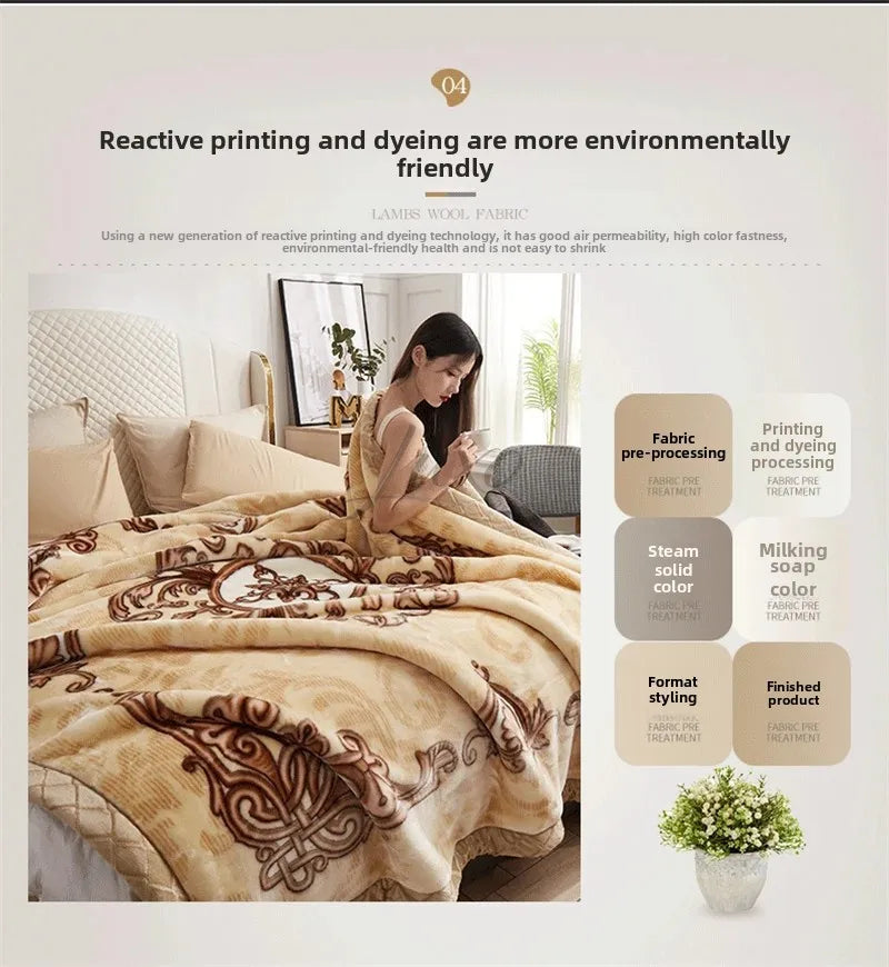 A woman is shown using a lamb's wool fabric for reactive printing and dyeing on a blanket.