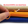 A hand is holding several strands of multi-color paracord, including beige, orange, and blue, showing the diameter.