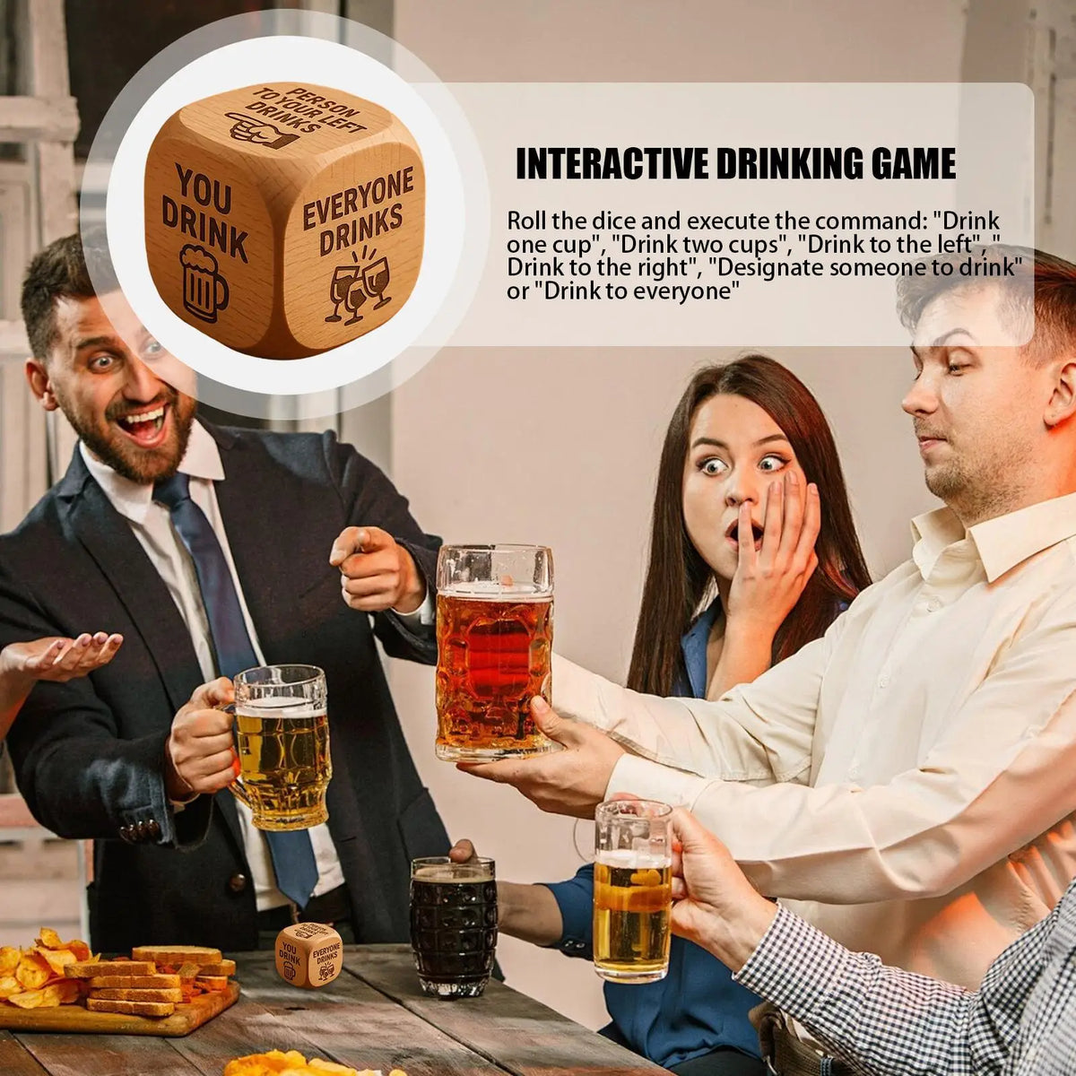 Quatre adultes jouent à un jeu de société avec dés en bois et verres autour d'une table.