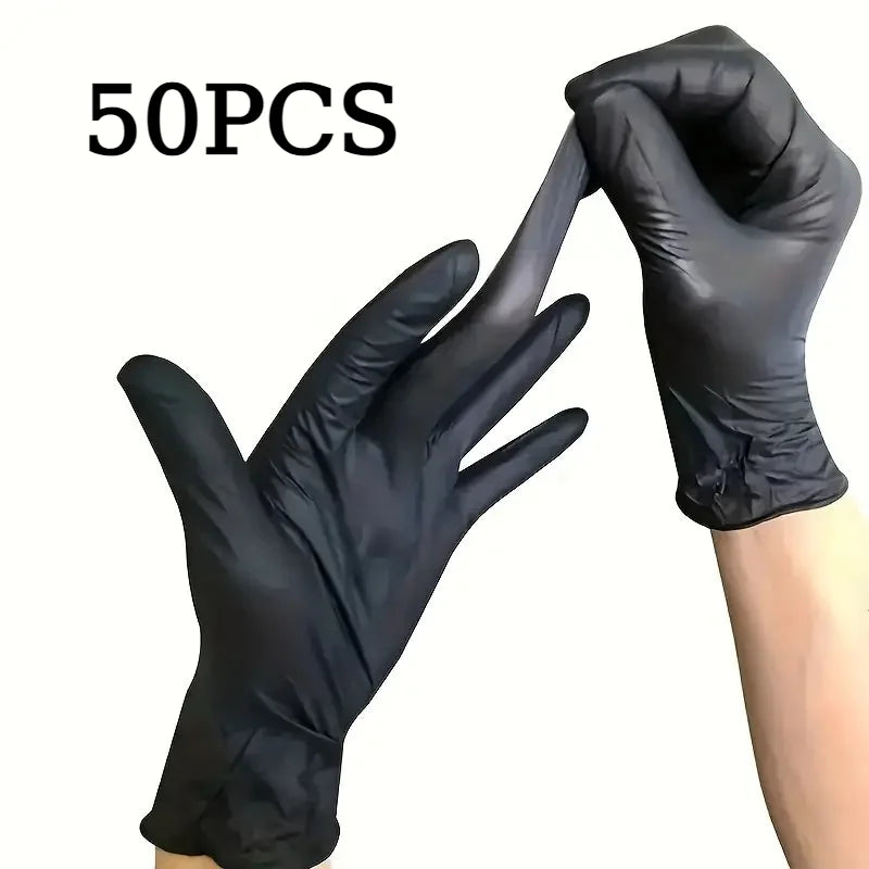 A hand wearing a black disposable nitrile glove is shown, with another hand touching the glove.