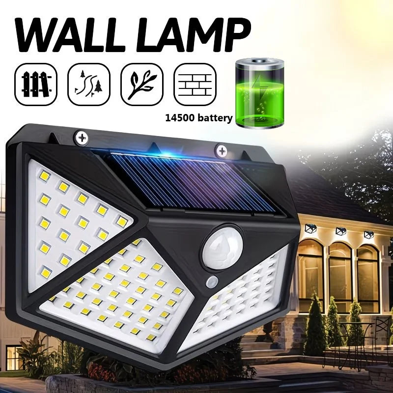 A black solar powered wall lamp with multiple LED lights is shown outdoors illuminating a house facade.
