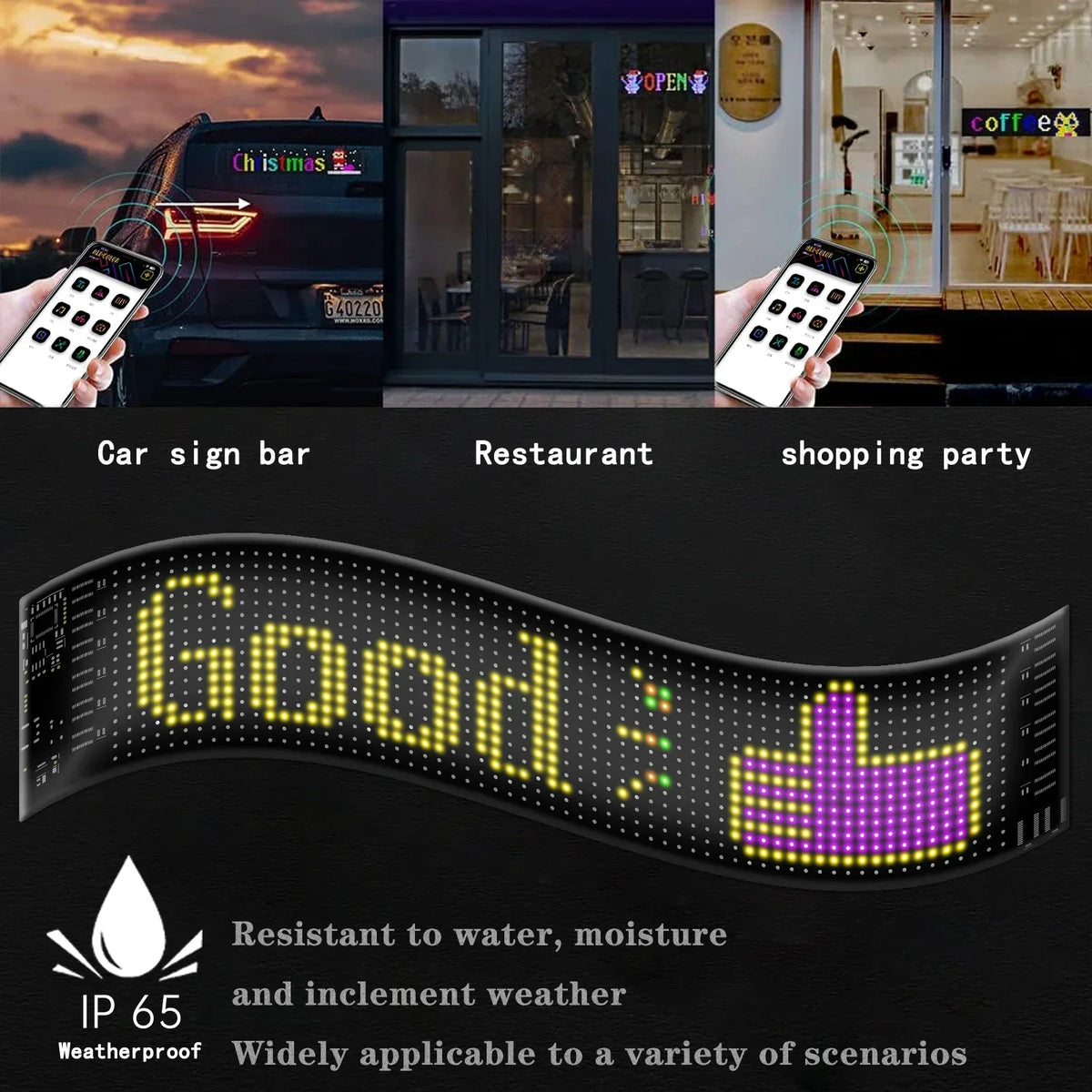 Flexible USB LED matrix display bar showing a thumbs up icon and text on a dark background