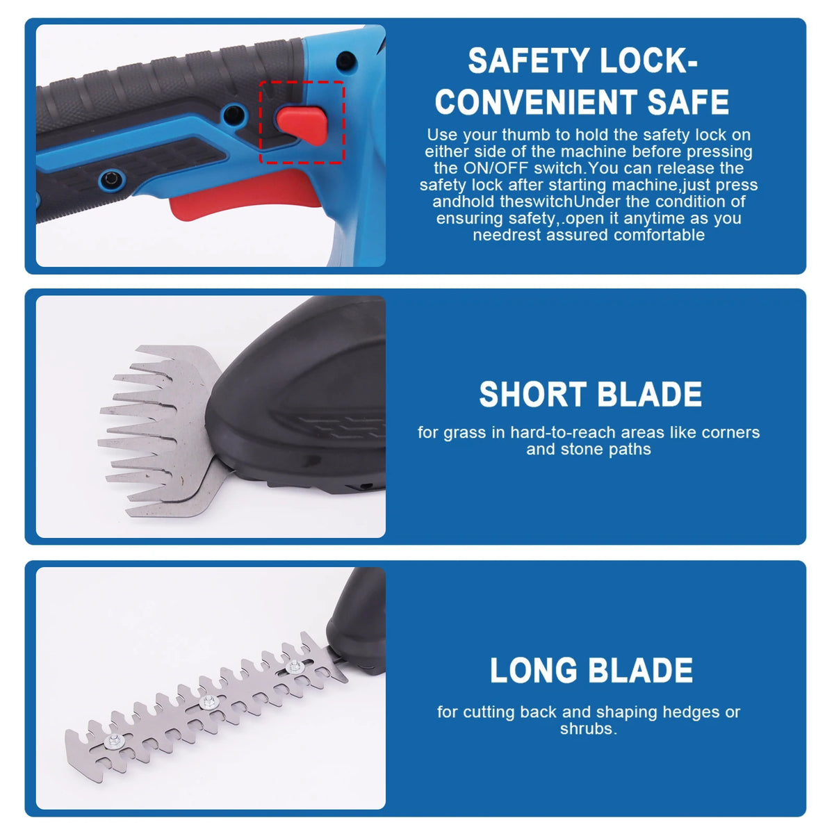 A 2-in-1 cordless hedge trimmer and grass shear with safety lock features and short and long blades.