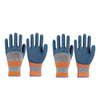 A set of blue gardening gloves with orange and gray grips for handling plants.