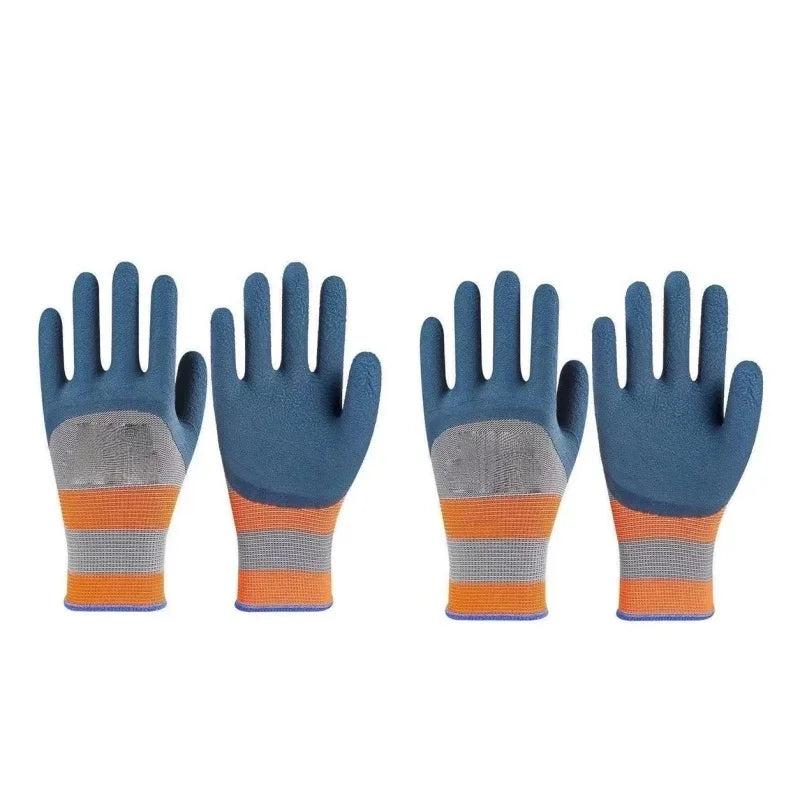 A set of blue gardening gloves with orange and gray grips for handling plants.