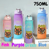 A set of three 750ml portable sports water bottles in pink, purple, green, and blue colors.