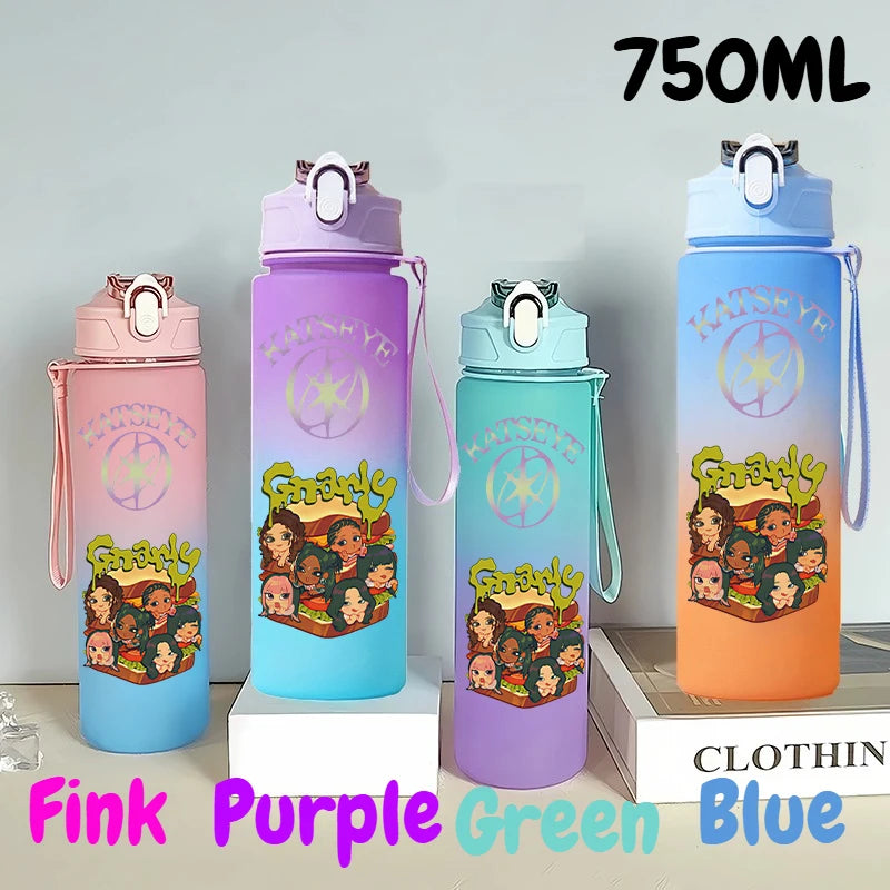 A set of three 750ml portable sports water bottles in pink, purple, green, and blue colors.