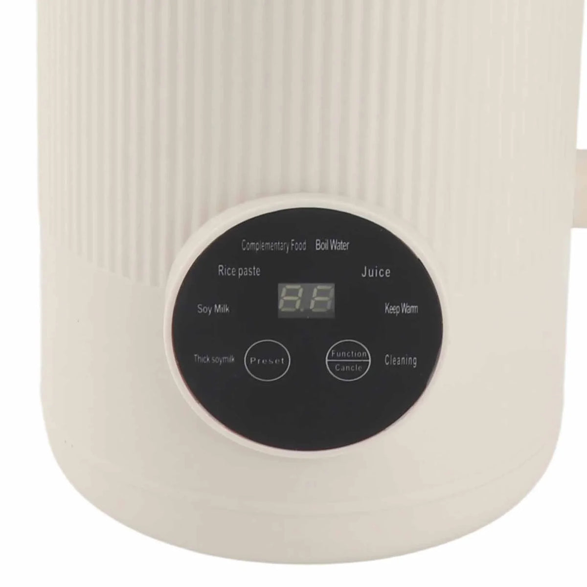 A white electric nut milk maker with a round digital display showing 8.6 and various function buttons.