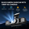 A black quad-camera dashcam with an aspheric lens shining a bright beam in a dark outdoor setting.