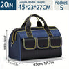 Navy blue tool organizer bag with black accents and multiple pockets shown from the top view.