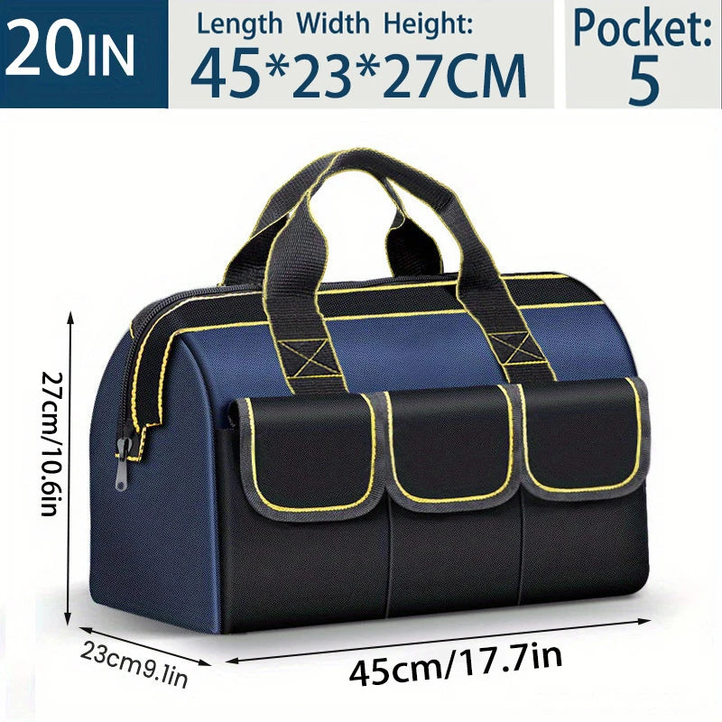 Navy blue tool organizer bag with black accents and multiple pockets shown from the top view.