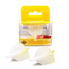 A yellow box of Tero Flights precision dart flights with a big wing shape and graduated colors, next to two white plastic fli
