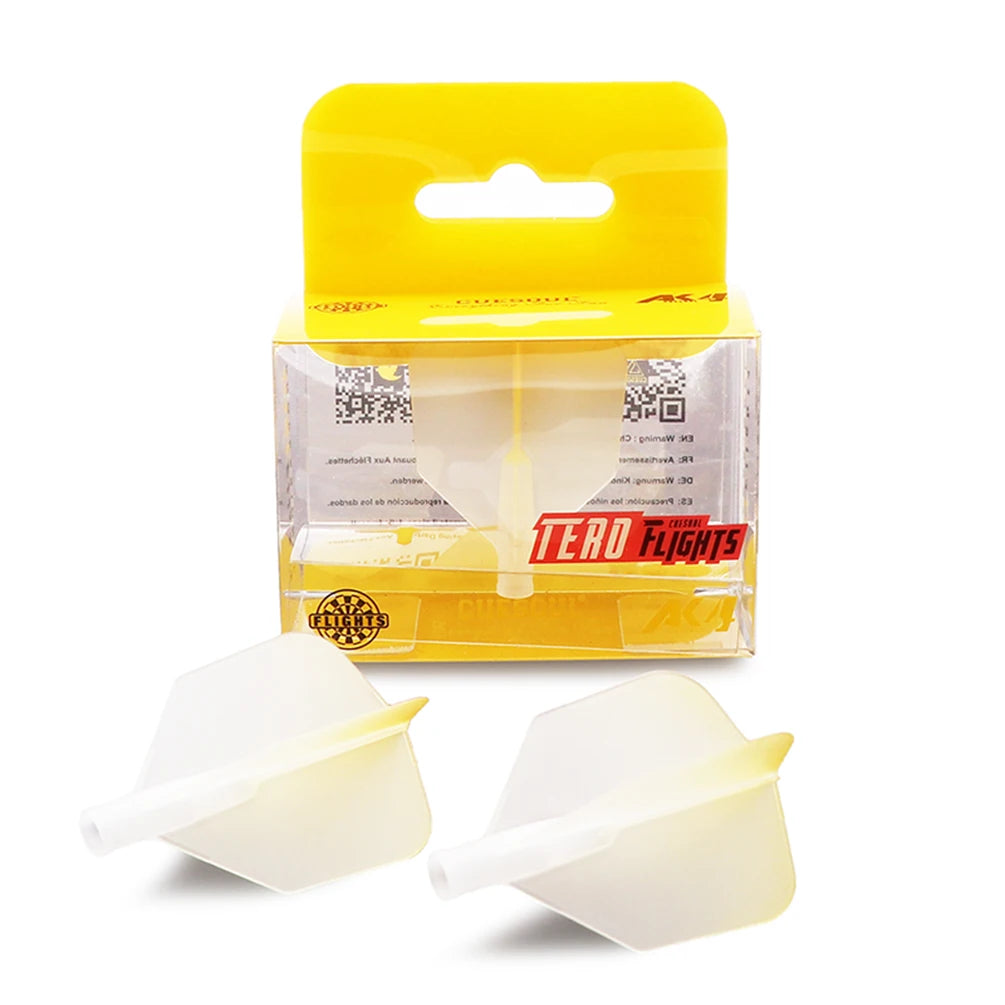 A yellow box of Tero Flights precision dart flights with a big wing shape and graduated colors, next to two white plastic fli