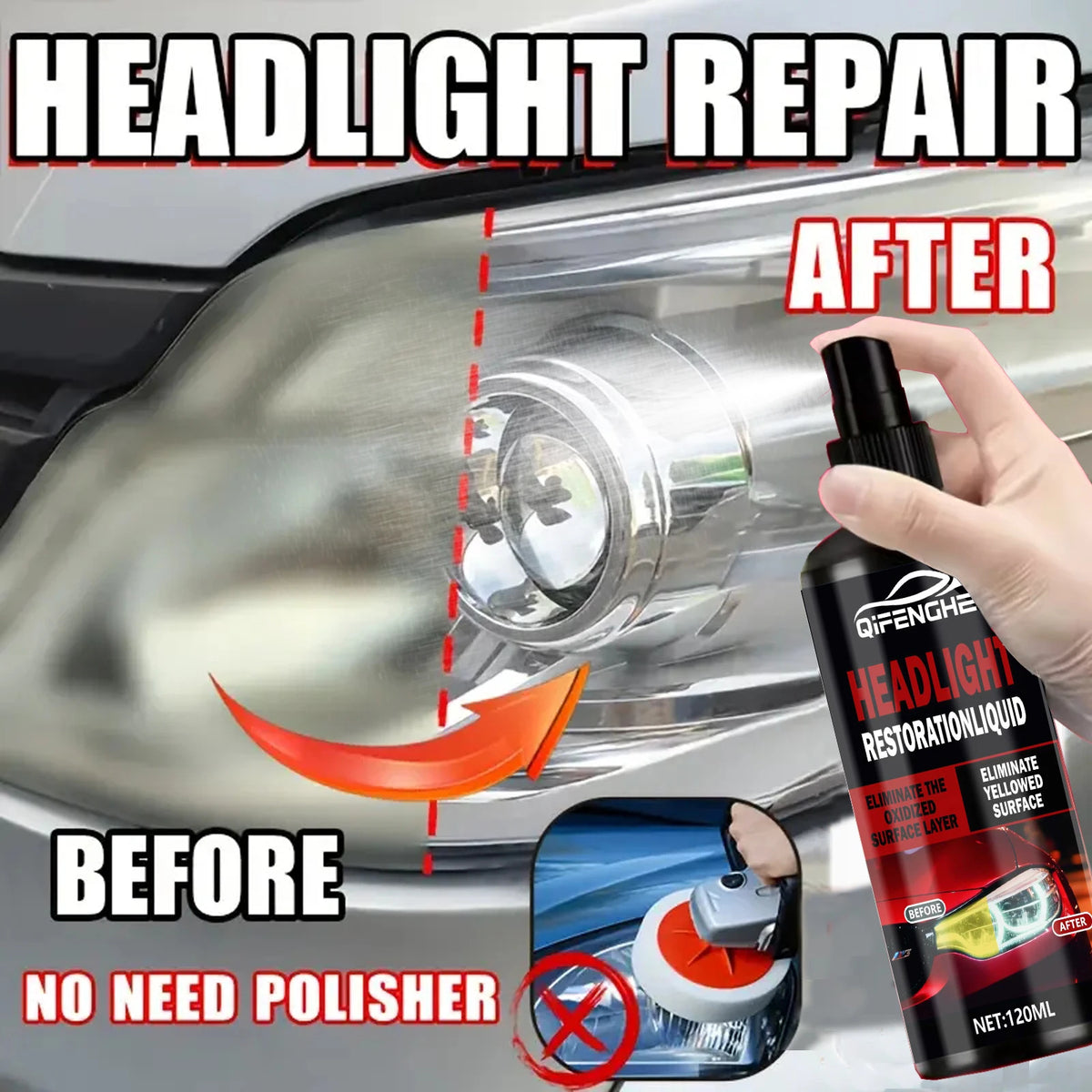 Before and after comparison of headlight repair using a Qifeng headlight restoration liquid