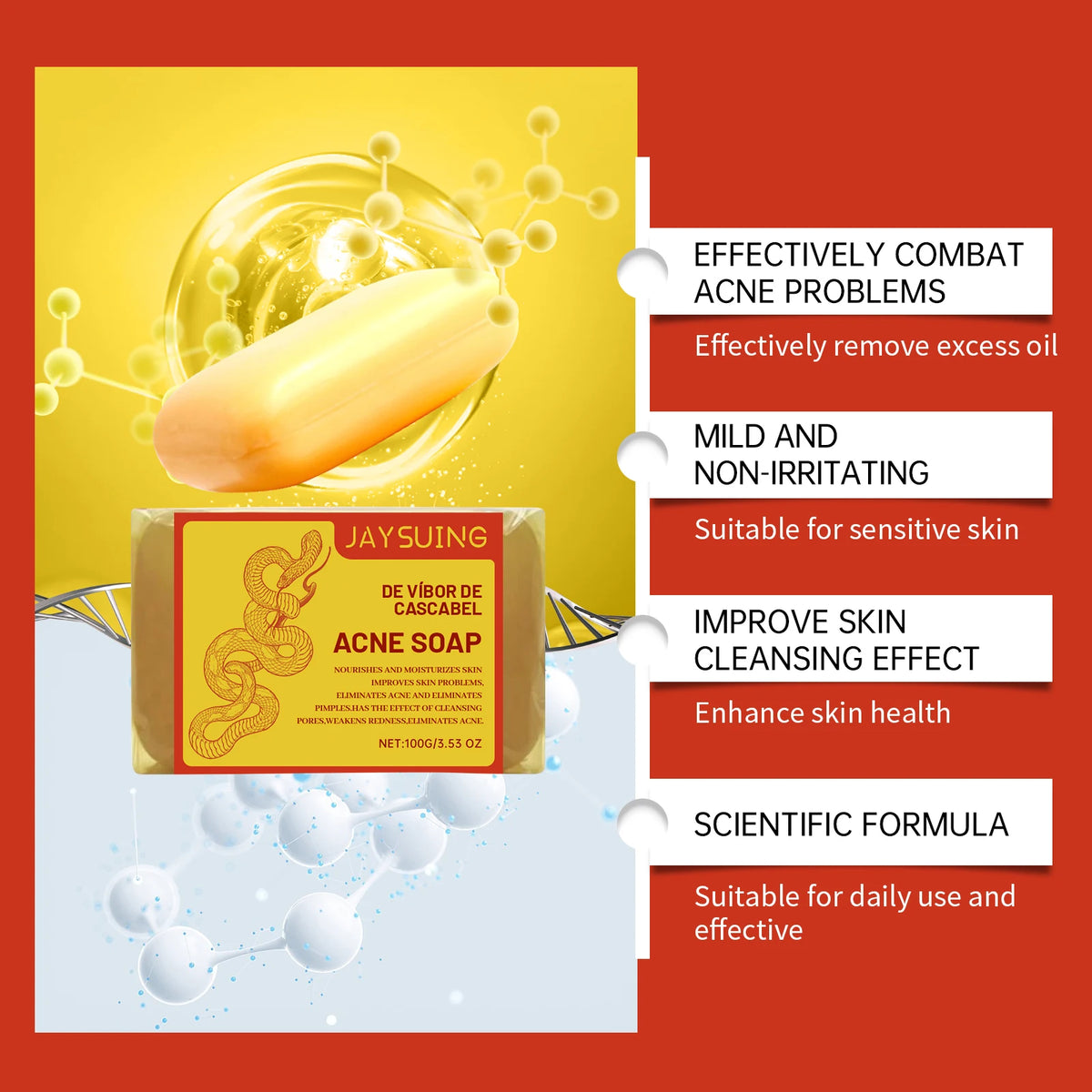 A box of JAYSUING Acne Soap is shown with text highlighting its benefits like combating acne and improving skin cleansing.