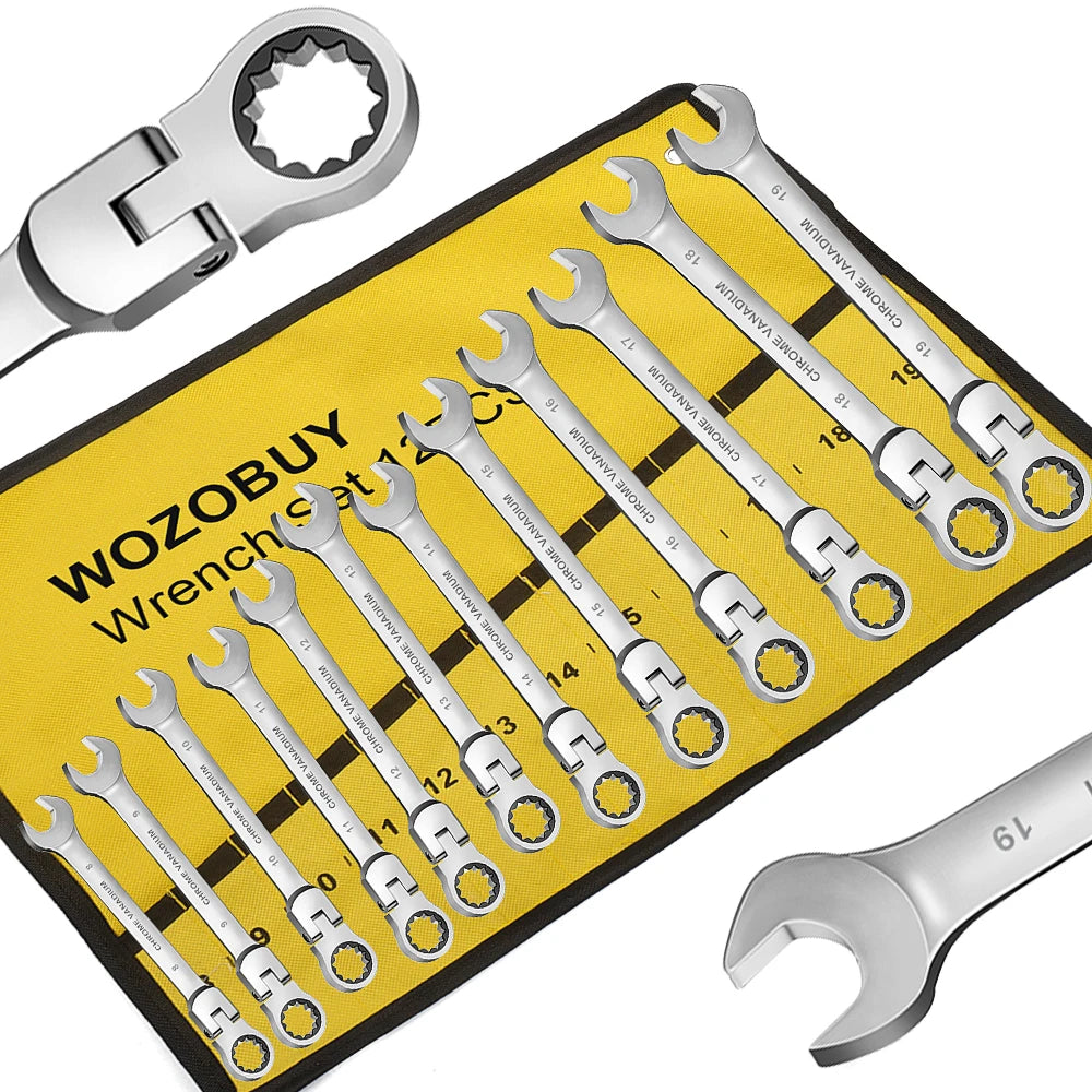 Metric Ratcheting Wrench Set with Flex-Head and Carry Bag