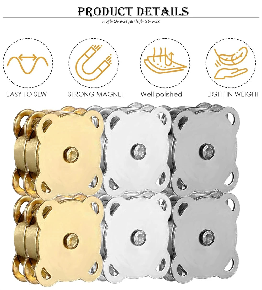 Un juego de sujetadores magnéticos metálicos dorados y plateados para bolsos y ropa.