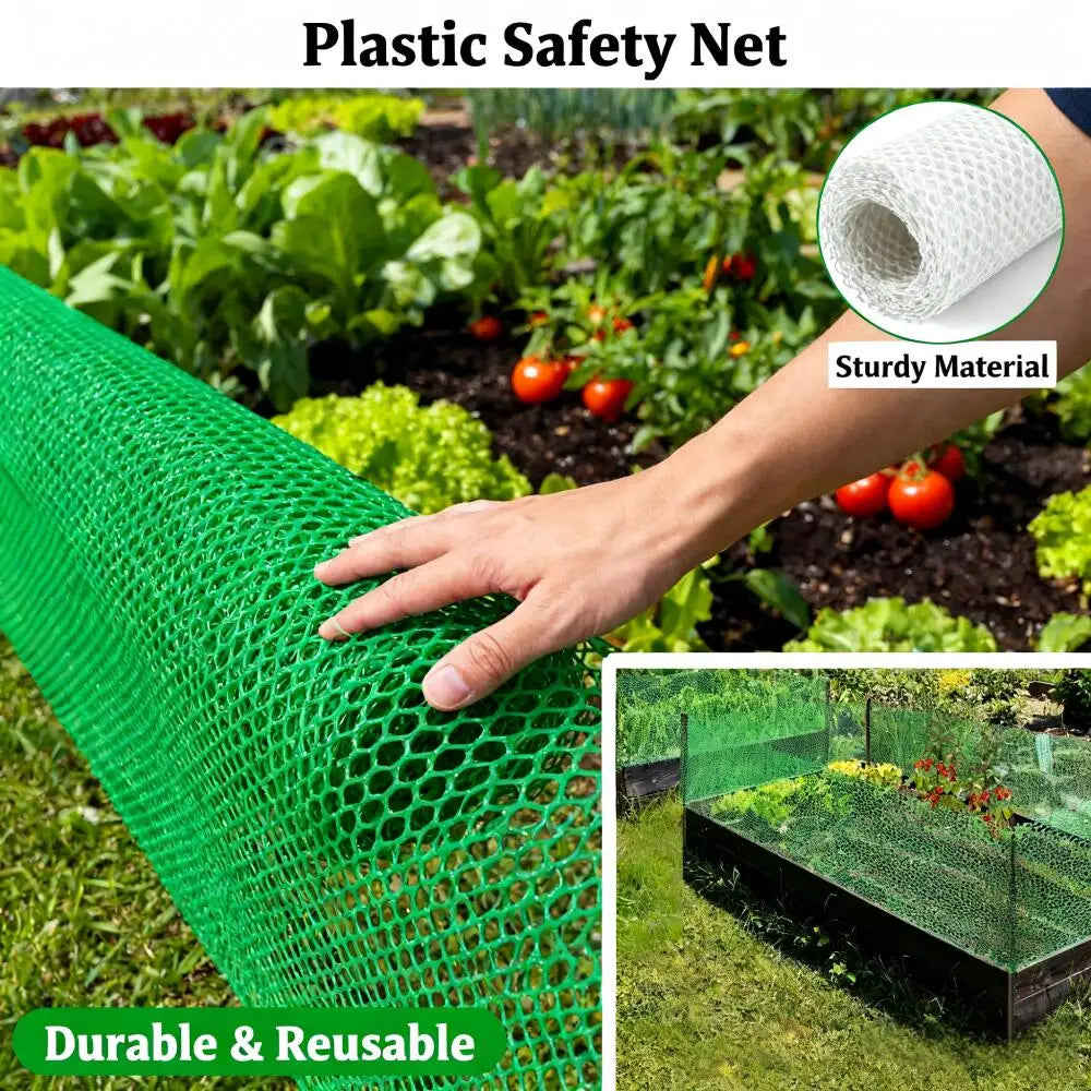 A hand holds a bright green plastic safety net mesh in a garden setting, demonstrating its sturdy and reusable material.