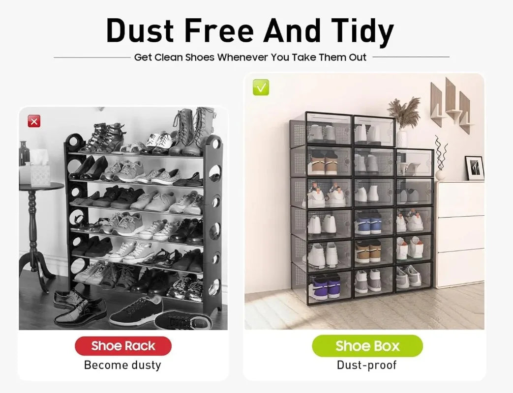 A set of stackable clear plastic shoe storage boxes with front doors shown next to a shoe rack and box.