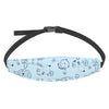 A light blue fabric sleeping headrest for a baby car seat with a black adjustable belt strap.