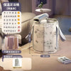 A white foldable calf-height foot soaking tub with a lid is shown on a floor, next to various design features and accessories