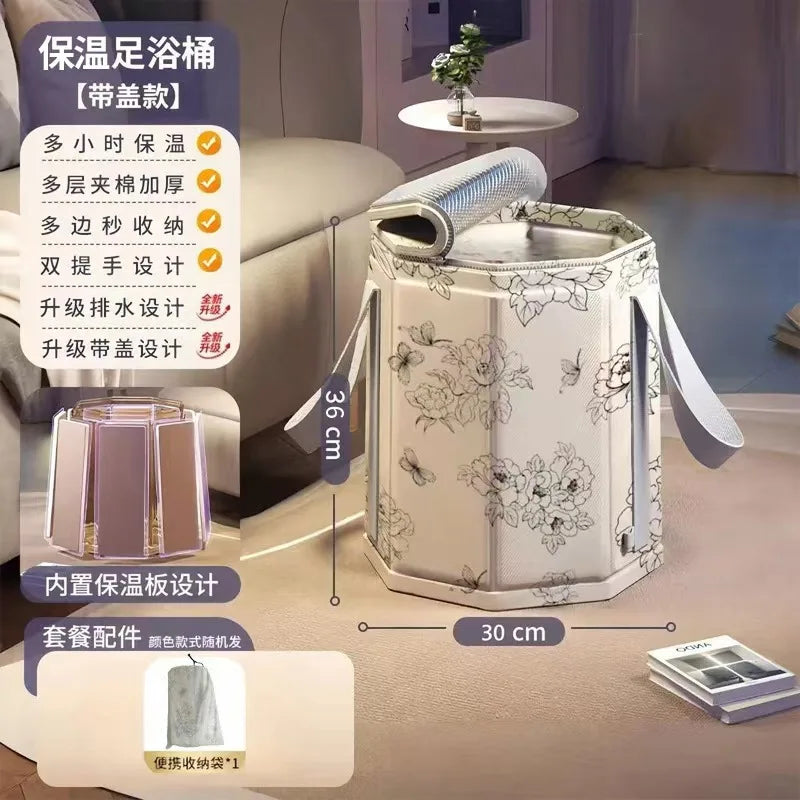 A white foldable calf-height foot soaking tub with a lid is shown on a floor, next to various design features and accessories