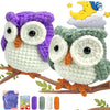 A handmade crochet owl toy set featuring purple and green yarn owls with orange beaks and a step-by-step guide.