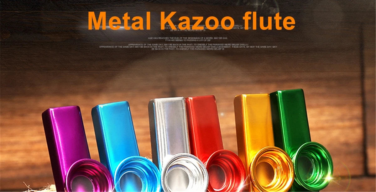 A collection of colorful metal kazoo flutes, including silver aluminum and various colored plastic ones.