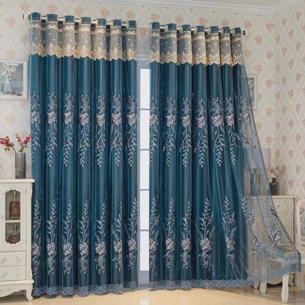 Nordic Embroidered Flower Double-Layer Curtain with Sheer Backing