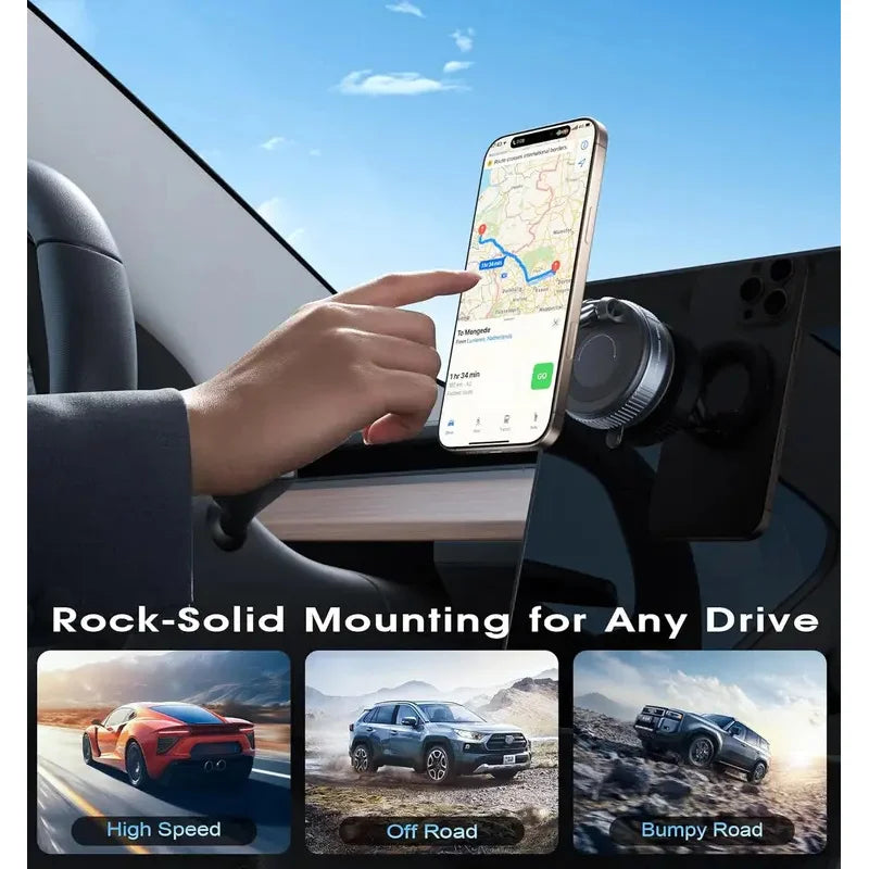 A hand holds a smartphone mounted on a car window, demonstrating the Rock-Solid Mounting for Any Drive feature.