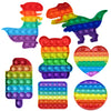 A collection of colorful rainbow pop bubble fidget toys in various shapes and sizes.