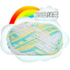 A ball of white and light blue milk cotton blend yarn is shown next to a rainbow graphic.