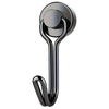 A close-up view of a heavy duty magnetic hook with a round opening and a curved metal handle.