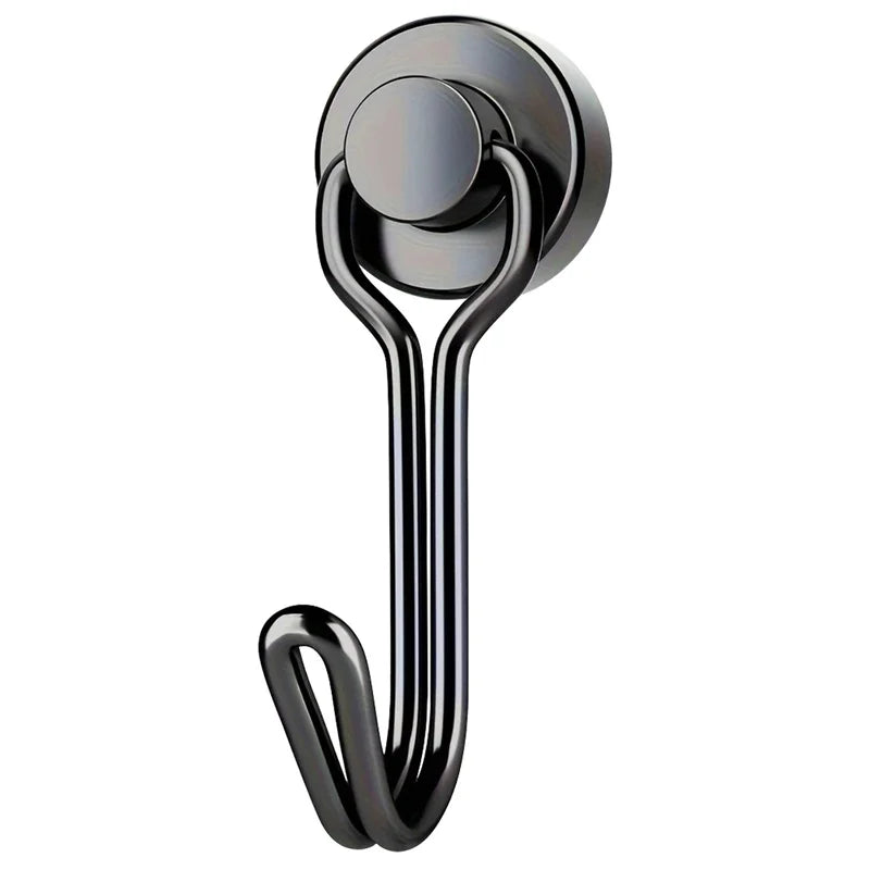 A close-up view of a heavy duty magnetic hook with a round opening and a curved metal handle.