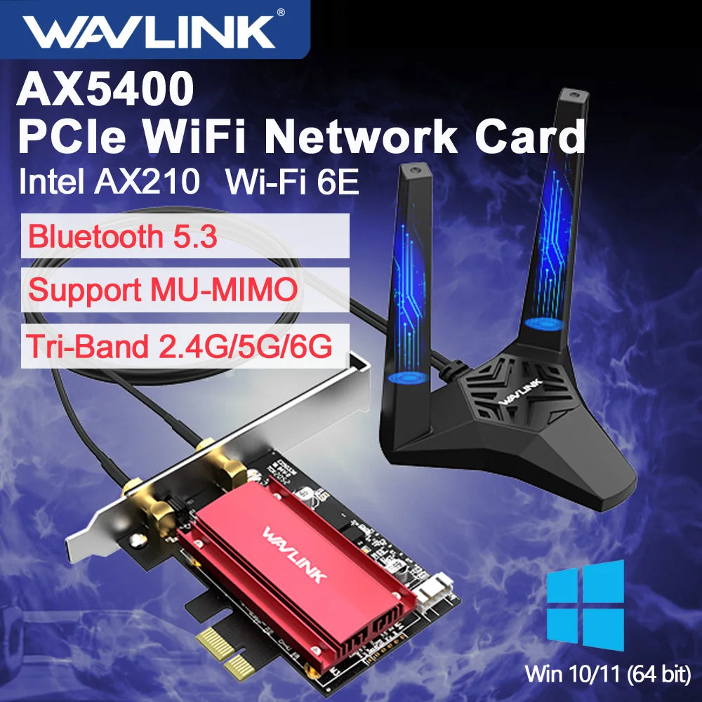 A black Wi-Fi card with an antenna is shown next to a red circuit board and a Windows logo.