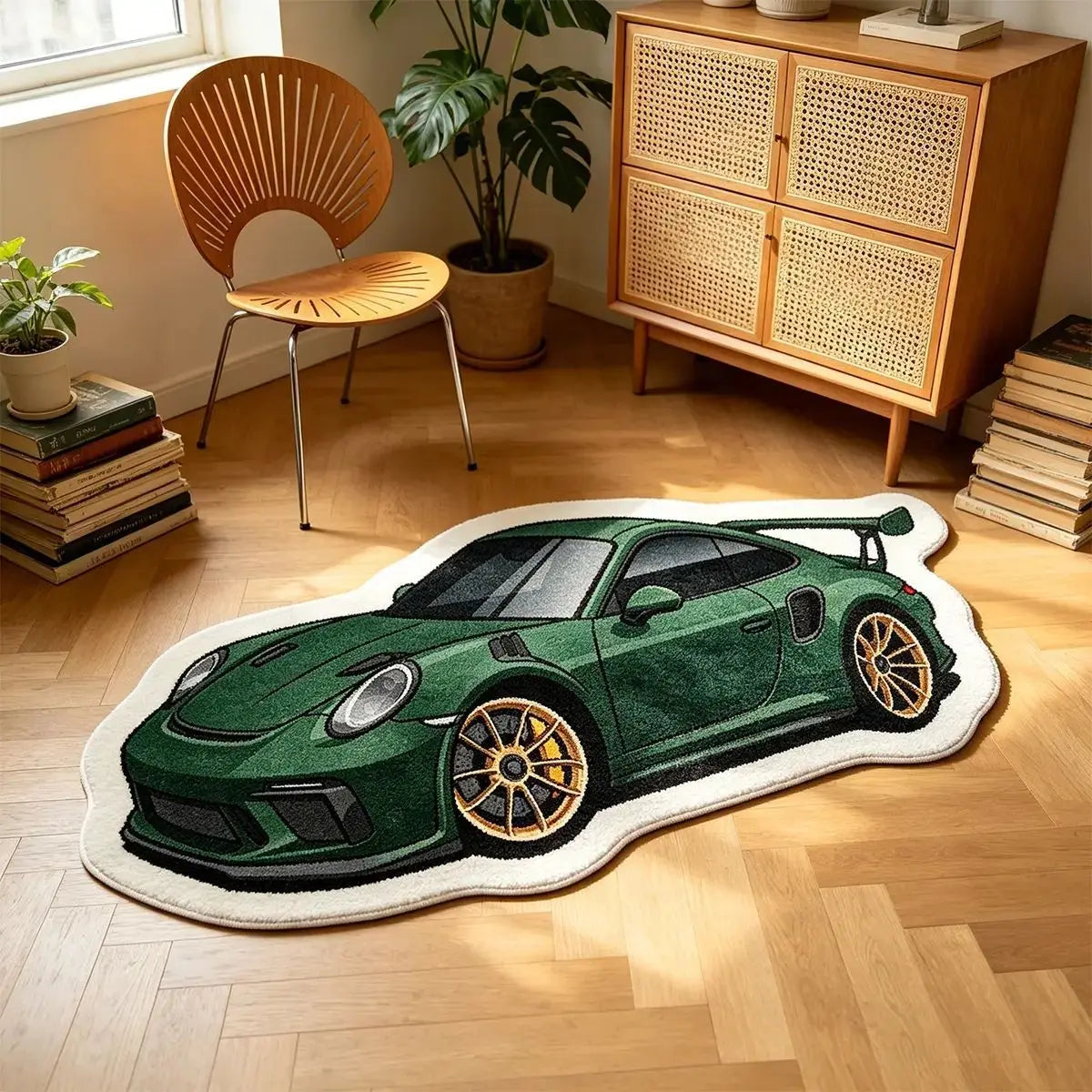 A green Porsche sports car shaped non-slip rug lying on a light wooden floor.