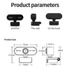 Diagramme, die die Vorder-, Seiten- und Rückansicht einer HD-Webcam und deren physische Abmessungen zeigen.