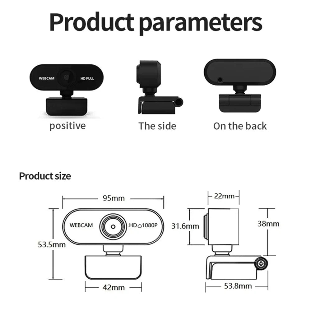 Diagramme, die die Vorder-, Seiten- und Rückansicht einer HD-Webcam und deren physische Abmessungen zeigen.