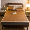 A wooden bed frame with a padded mat and pillow, featuring a cooling surface and decorative elements.