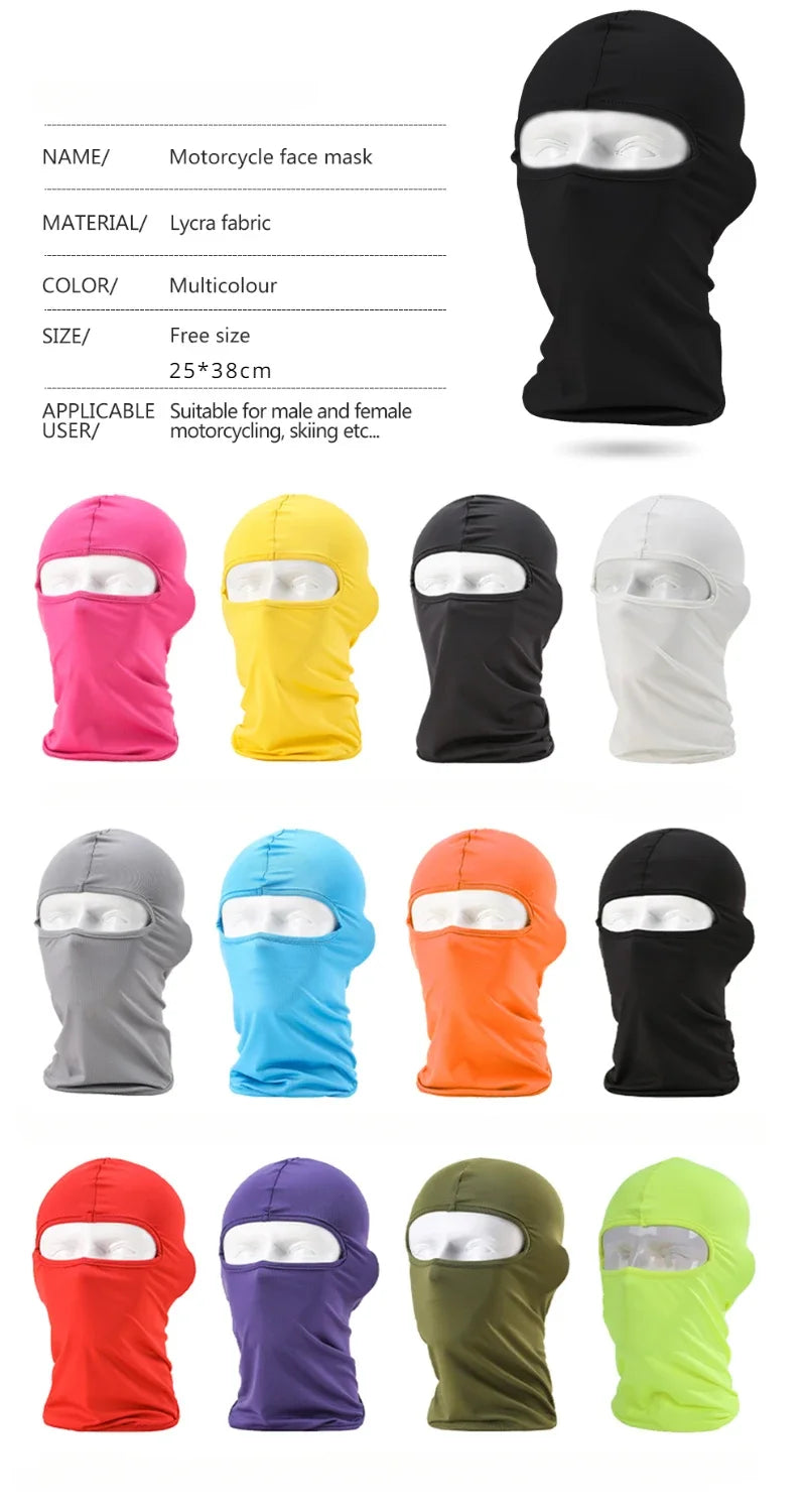 A variety of colorful windproof full face balaclavas for motorcycle, skiing, and outdoor use shown in different shades.