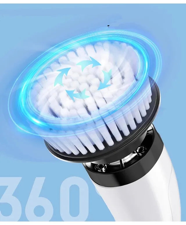 A close-up view of a white electric spin scrubber with a rotating brush head and blue light effect.
