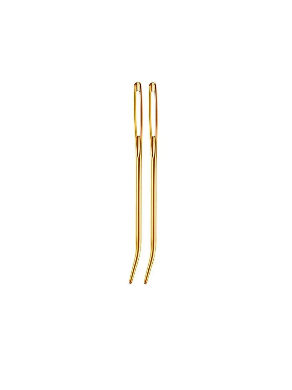 A pair of gold-colored bent tip tapestry needles for knitting and weaving.