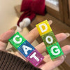A hand holds a set of magnetic alphabet blocks spelling CATDOG, with a storage box and a red bow in the background.