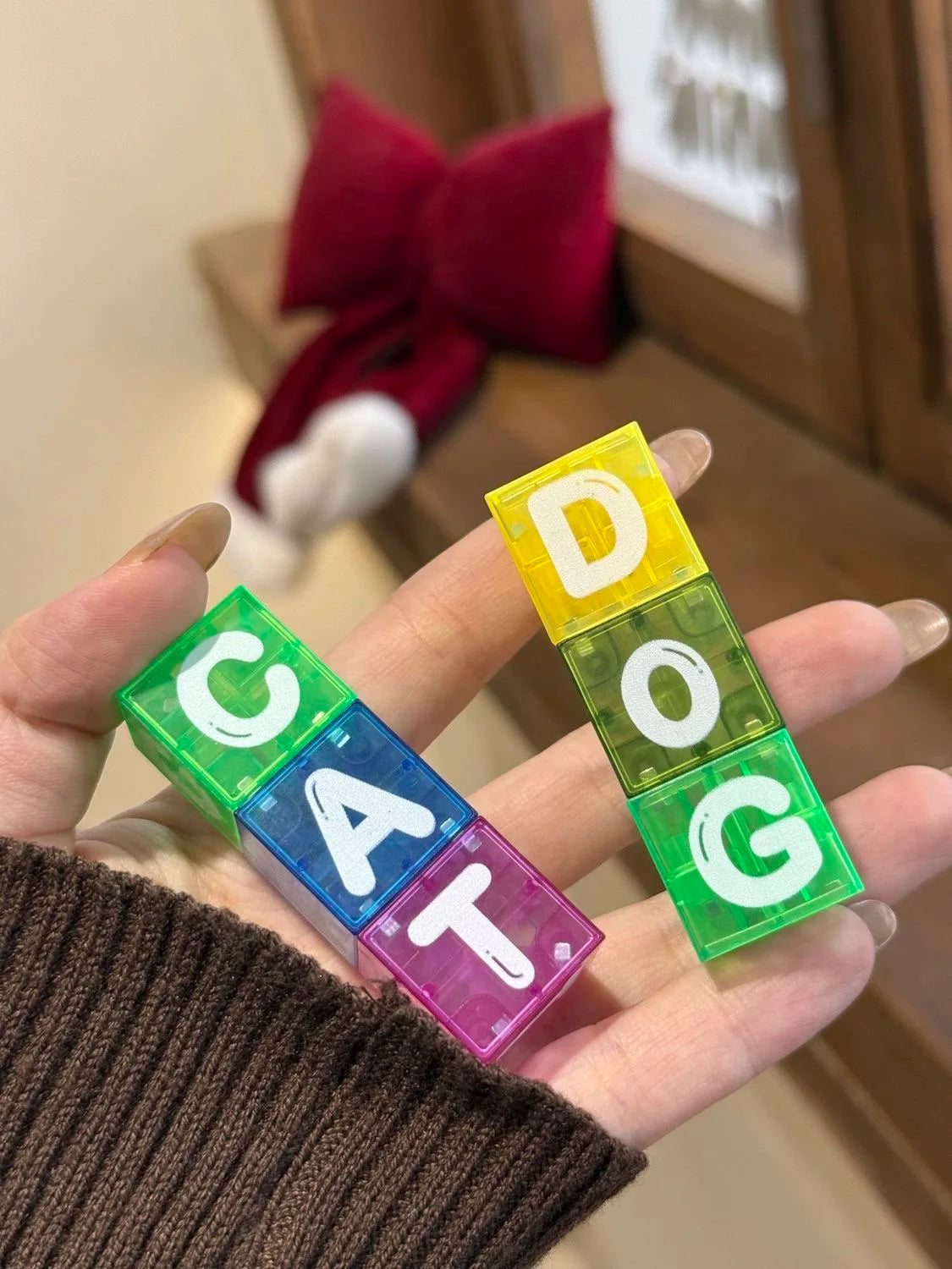 A hand holds a set of magnetic alphabet blocks spelling CATDOG, with a storage box and a red bow in the background.