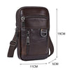 A dark brown vintage genuine cowhide leather crossbody sling bag shown with dimensions.