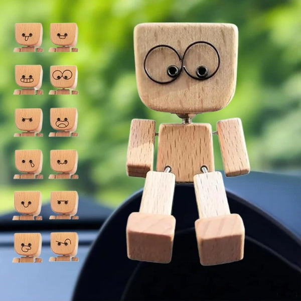 A handcrafted wooden shaking man figurine with multiple facial expressions displayed in a vertical line.