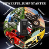 Portable car jump starter device shown with various vehicles including a lawn mower, motorcycle, pickup truck, and car.