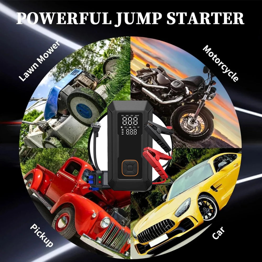 Portable car jump starter device shown with various vehicles including a lawn mower, motorcycle, pickup truck, and car.